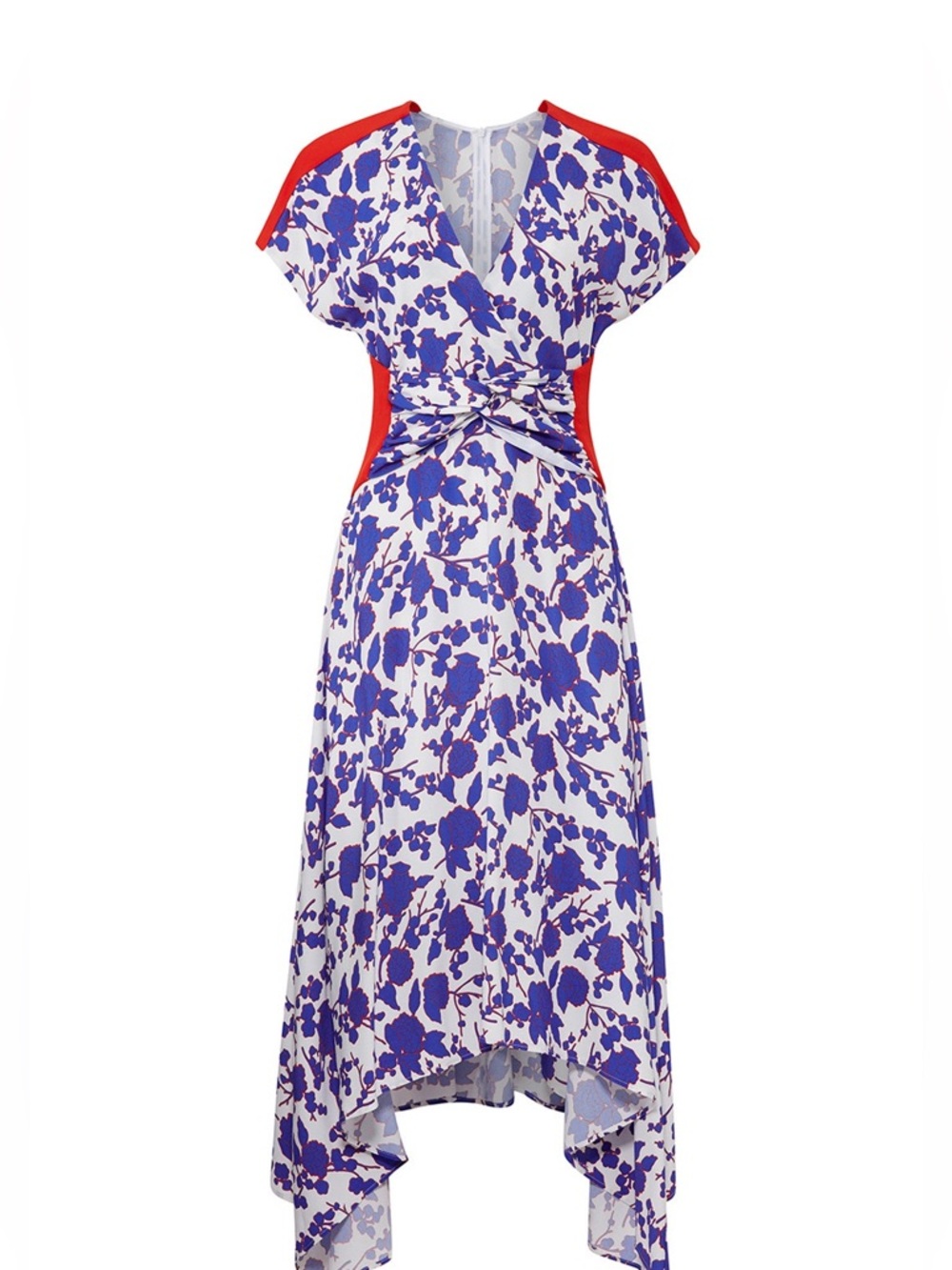 PINKO Floral Midi Dress Size 6 White Blue Orange Asymmetrical Hem V-Neck